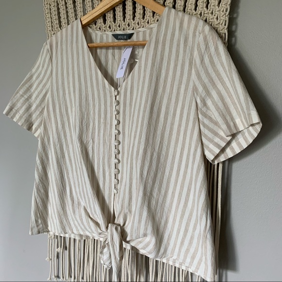 Jolie Striped Linen Front Tie Button Front Top - Picture 5 of 13
